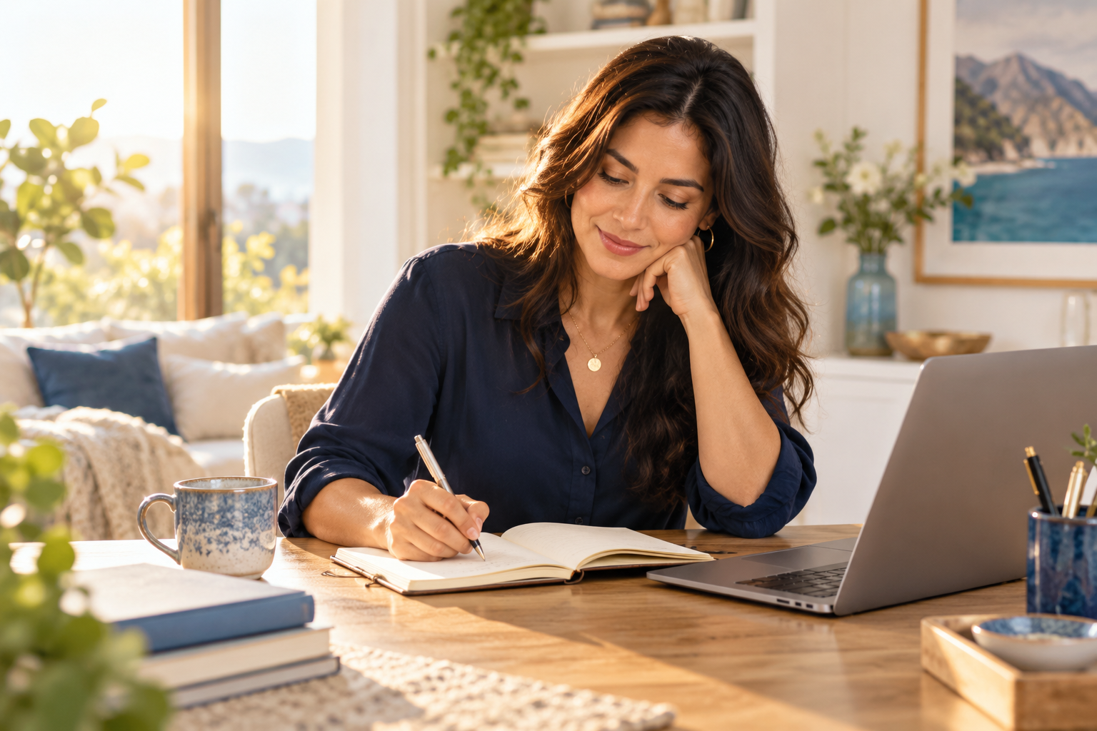 Una mujer reflexiona y escribe en un cuaderno junto a su computadora
